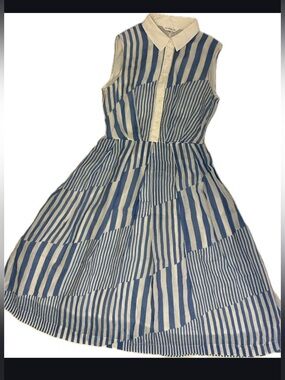 Sleeveless Blue & White Striped Collared Midi Dress, Cotton, Fully Lined, Size S